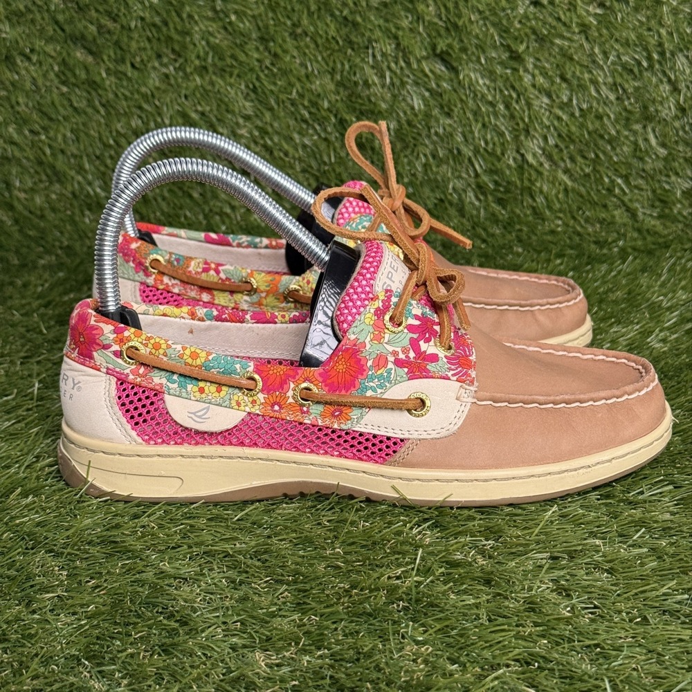 Sperry Top-Sider Womens 7.5M Floral Mesh Leather Boat Shoes Tan Pink STS91536